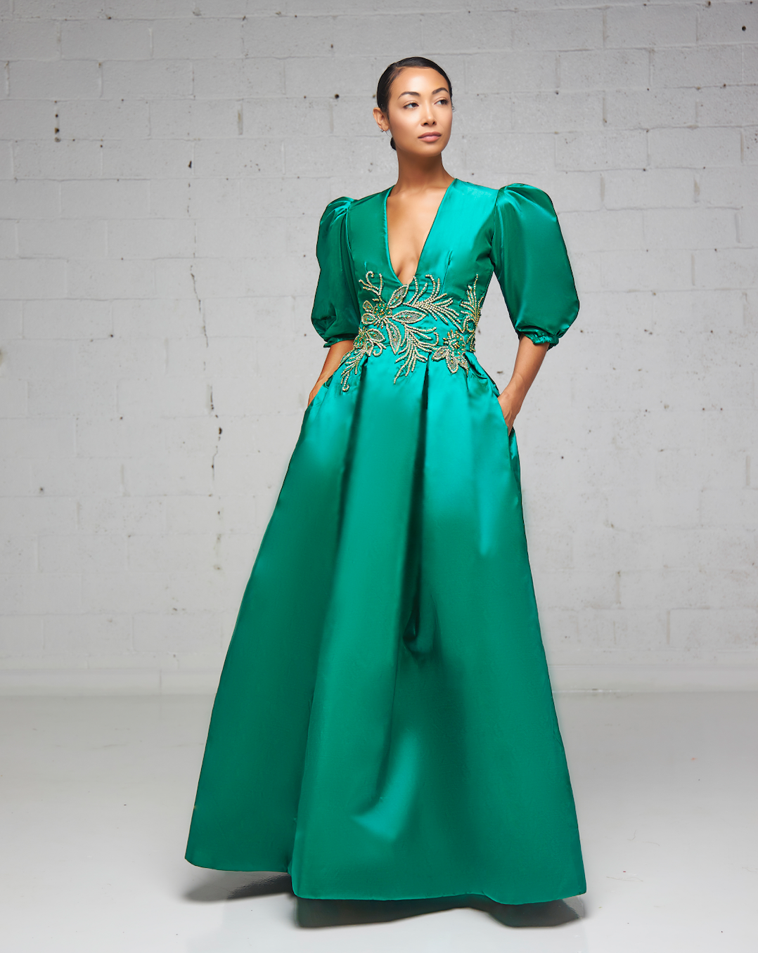 Green Silk Taffeta A Line Pleated Gown ...